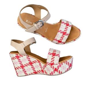 NWOT Ron White Italian Made Platform Wedge White Red Tweed Sandals Size 40